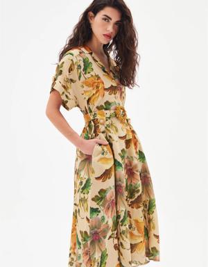 Kırlangıç Yaka Desenli Kemerli Midi Elbise