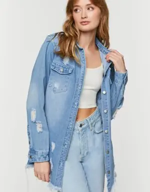 Forever 21 Distressed Denim Longline Trucker Jacket Light Blue