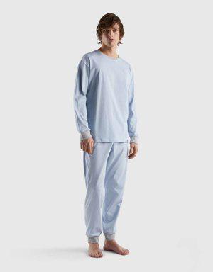 Erkek Açık Mavi Basic Pamuklu Pijama Takımı