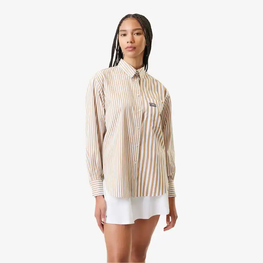Lacoste Women's Lacoste x Bandier Striped Cotton Poplin Shirt. 1