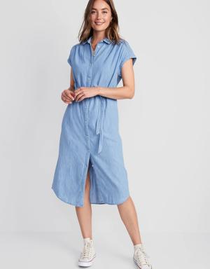 Short-Sleeve Waist-Defined Midi Shirt Dress for Women blue
