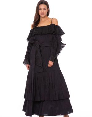 Organza Pleat Ruffle Detailed Belted Long Black Dress