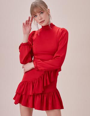 Kırmızı Yüksek Yaka Uzun Kollu Eteği Fırfırlı Mini Saten Elbise