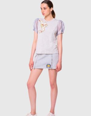 Applique Embroidery Detailed Organza Sleeve Gray T-Shirt