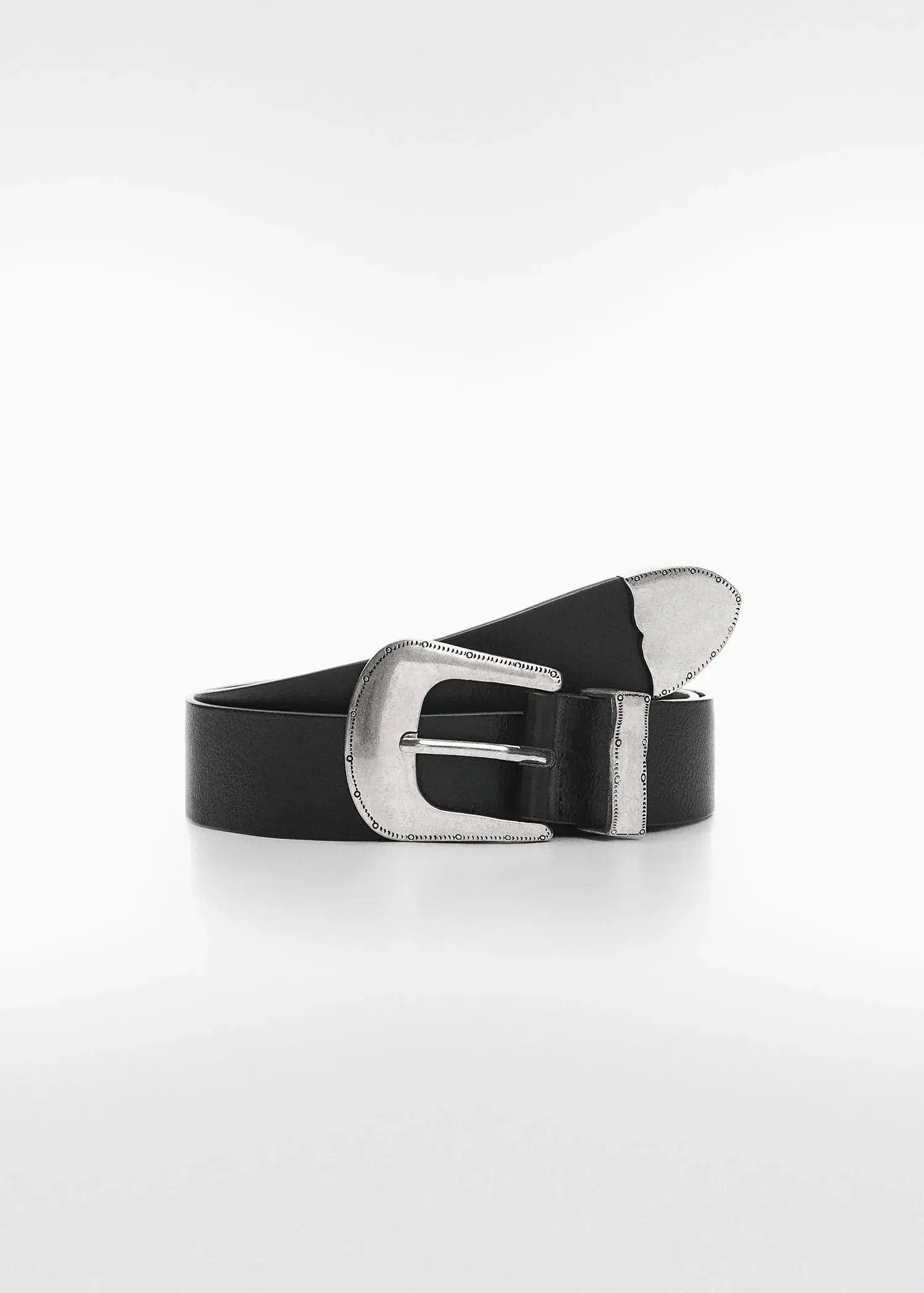 Mango Engraved buckle belt. a close up of a black belt with a silver buckle 