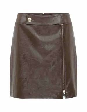 Brown Leather Zipper Mini Skirt - 2 / Brown