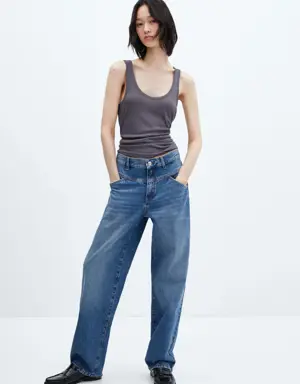 Jeans wideleg tiro alto costuras