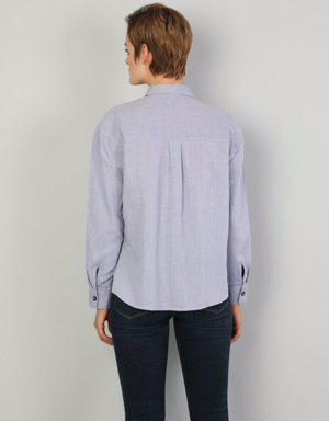 Basic Cepli Regular Fit Kadın Mavi Uzun Kol Gömlek