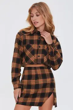 Forever 21 Forever 21 Plaid Shirt &amp; Buttoned Skirt Set Brown/Black. 2