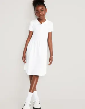 School Uniform Fit & Flare Pique Polo Dress for Girls white