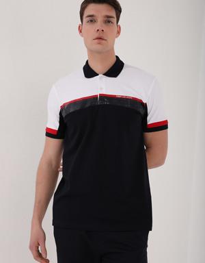 Beyaz Renkli Baskı Şeritli Standart Kalıp Düğmeli Polo Yaka Erkek T-Shirt - 87945