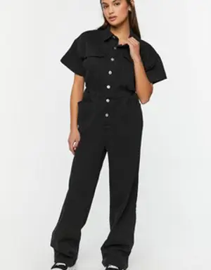 Forever 21 Twill Straight Leg Shirt Jumpsuit Black