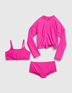 Kids Recycled Rib Rash Guard Swim Three-Piece pink