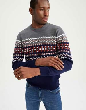 Regular Fit Bisiklet Yaka Desenli Triko Kazak