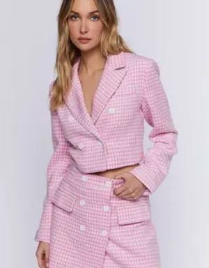 Forever 21 Houndstooth Double Breasted Blazer Pink/White