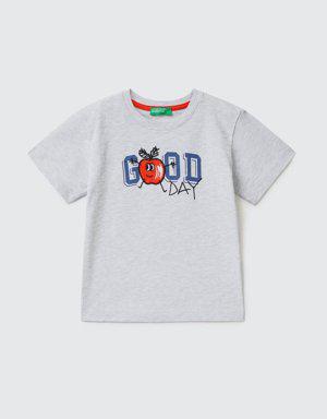 Erkek Çocuk Açık Gri Melanj Renkli Slogan Baskılı T Shirt
