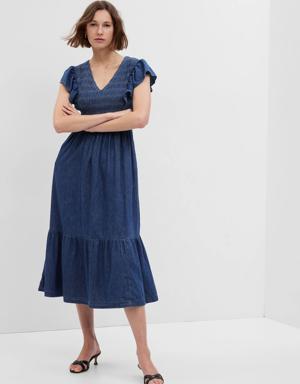 Organic Cotton Denim Ruffle Sleeve Smocked Midi Dress blue