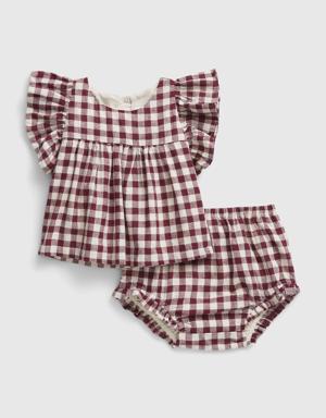 Baby Linen-Cotton Gingham Two-Piece Outfit Set purple