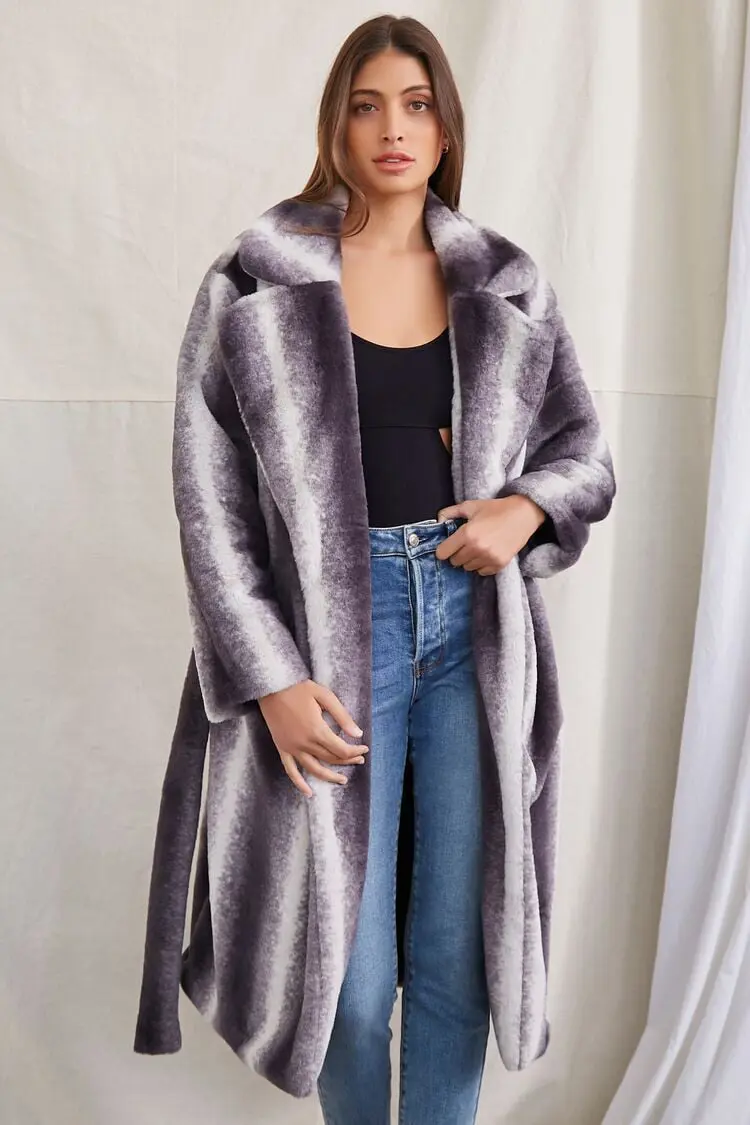Forever 21 Forever 21 Belted Faux Fur Longline Coat Charcoal/White. 1