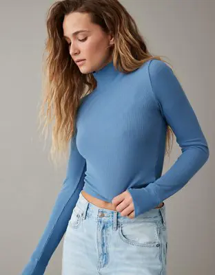 American Eagle Long-Sleeve Cropped Hey Baby Mock Neck Tee. 1