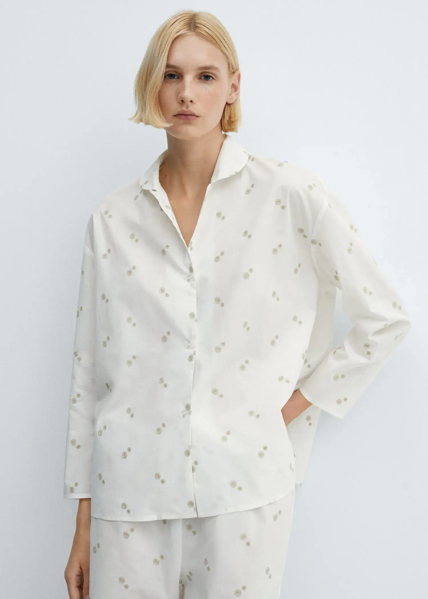 Mango Floral embroidered cotton pajama shirt. 2
