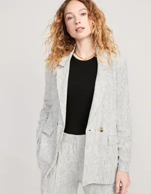 Striped Double-Breasted Linen-Blend Blazer for Women gray