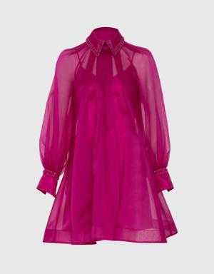 Transparent Detailed Fuchsia Mini Dress
