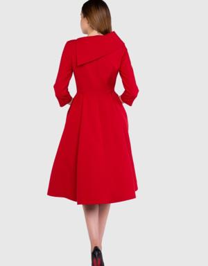 Embroidered Button Detailed Midi Red Dress