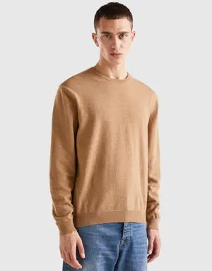 beige crew neck sweater in pure merino wool