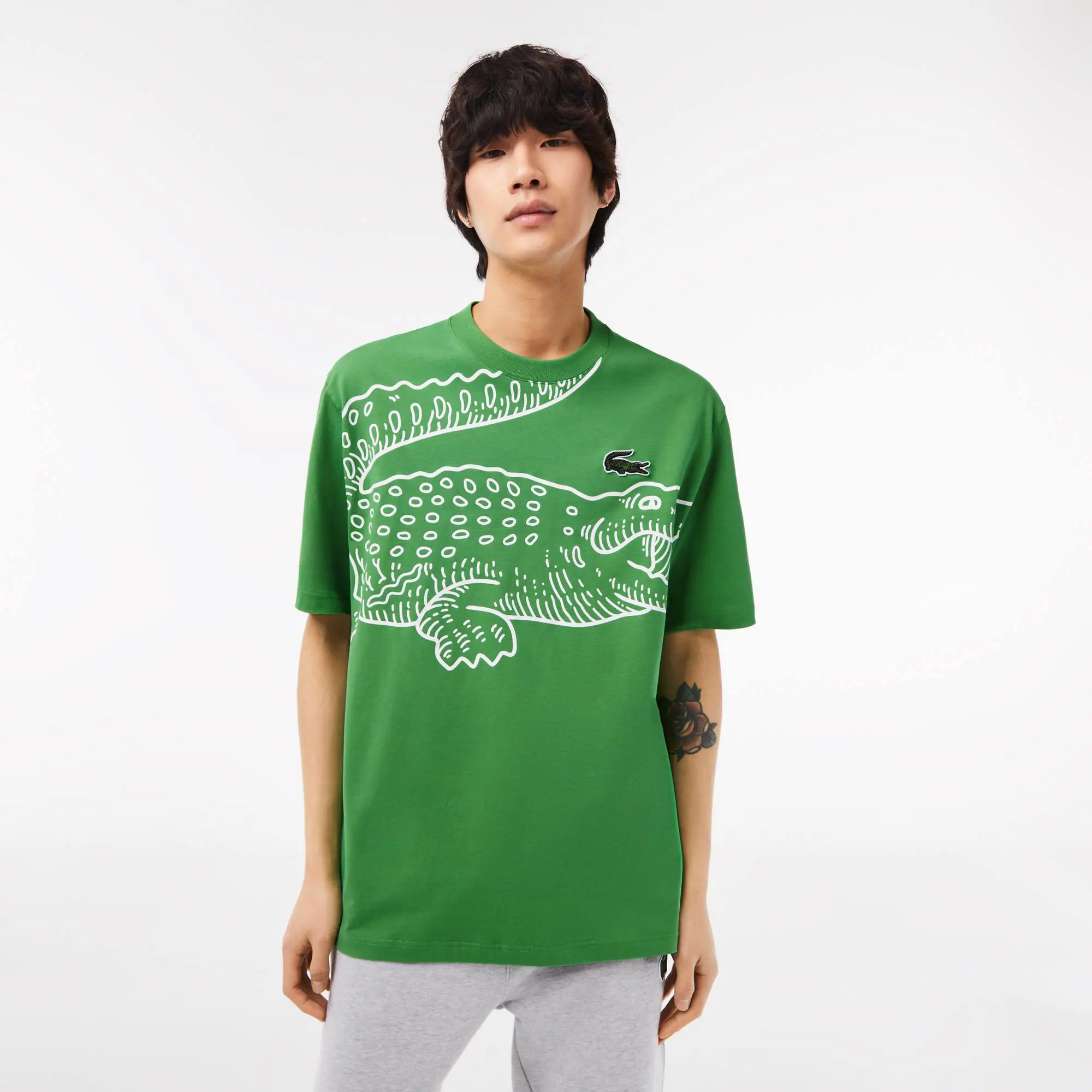 Lacoste Men’s Lacoste Round Neck Loose Fit Crocodile Print T-shirt. 1