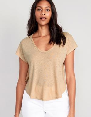 Old Navy Linen-Blend Cropped Voop-Neck T-Shirt for Women beige