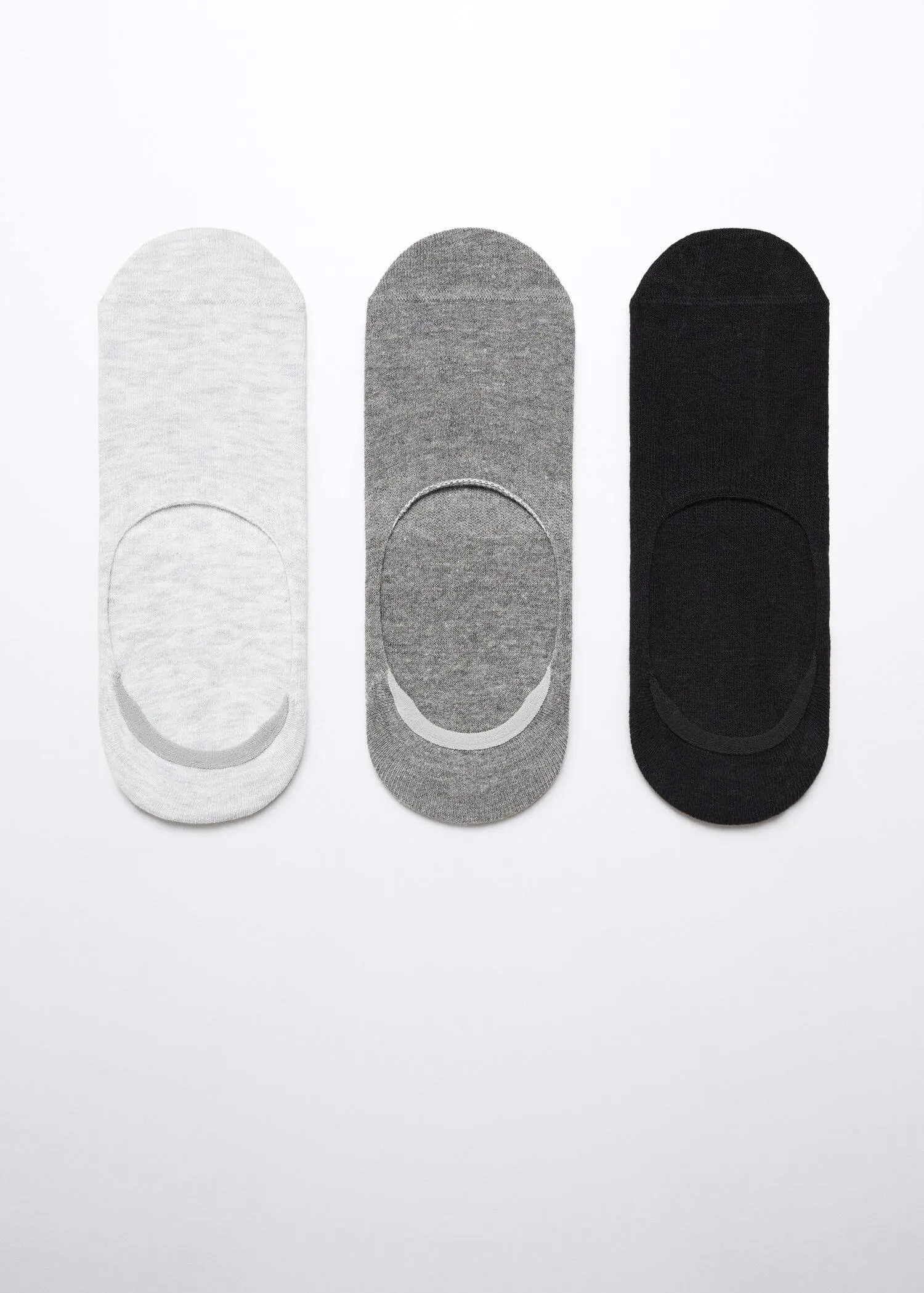 Mango 3-pack of invisible socks. three pairs of black, white, and gray socks. 