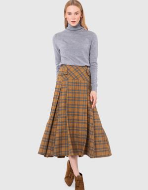 Pleat Detailed Contour Midi Length Plaid Wool Mustard Skirt