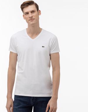 Erkek Slim Fit V Yaka Beyaz T-Shirt