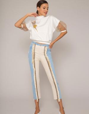 Linen Garnish Tassel Stripe Detailed Blue Jean Trousers
