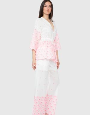 Three Quarter Sleeve Lace Embroidered Pink Suit