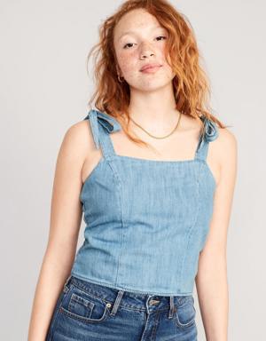 Fitted Tie-Shoulder Cropped Jean Corset Cami Top for Women blue