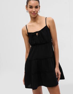 Crinkle Gauze Tiered Mini Dress black