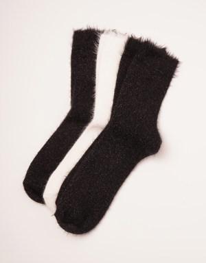 3 lü Paket Angora Kadın Soket Çorap Siyah/Beyaz