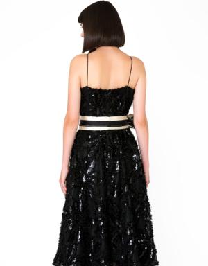 Bow Detailed Thin Strap Black Midi Dress