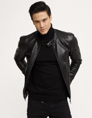 Hakim Yaka Deri Görünümlü Slim Fit Mont
