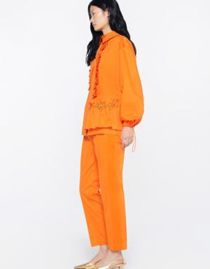 Asymmetric Embroidered Orange Shirt With Ruffle Detail