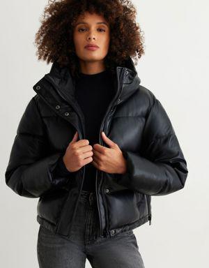 Short Faux Leather Puffer Jacket