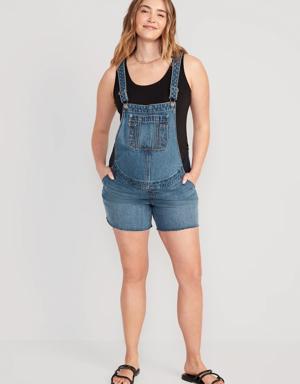Maternity Side-Panel Slouchy Non-Stretch Jean Cut-Off Shortalls -- 5-inch inseam blue
