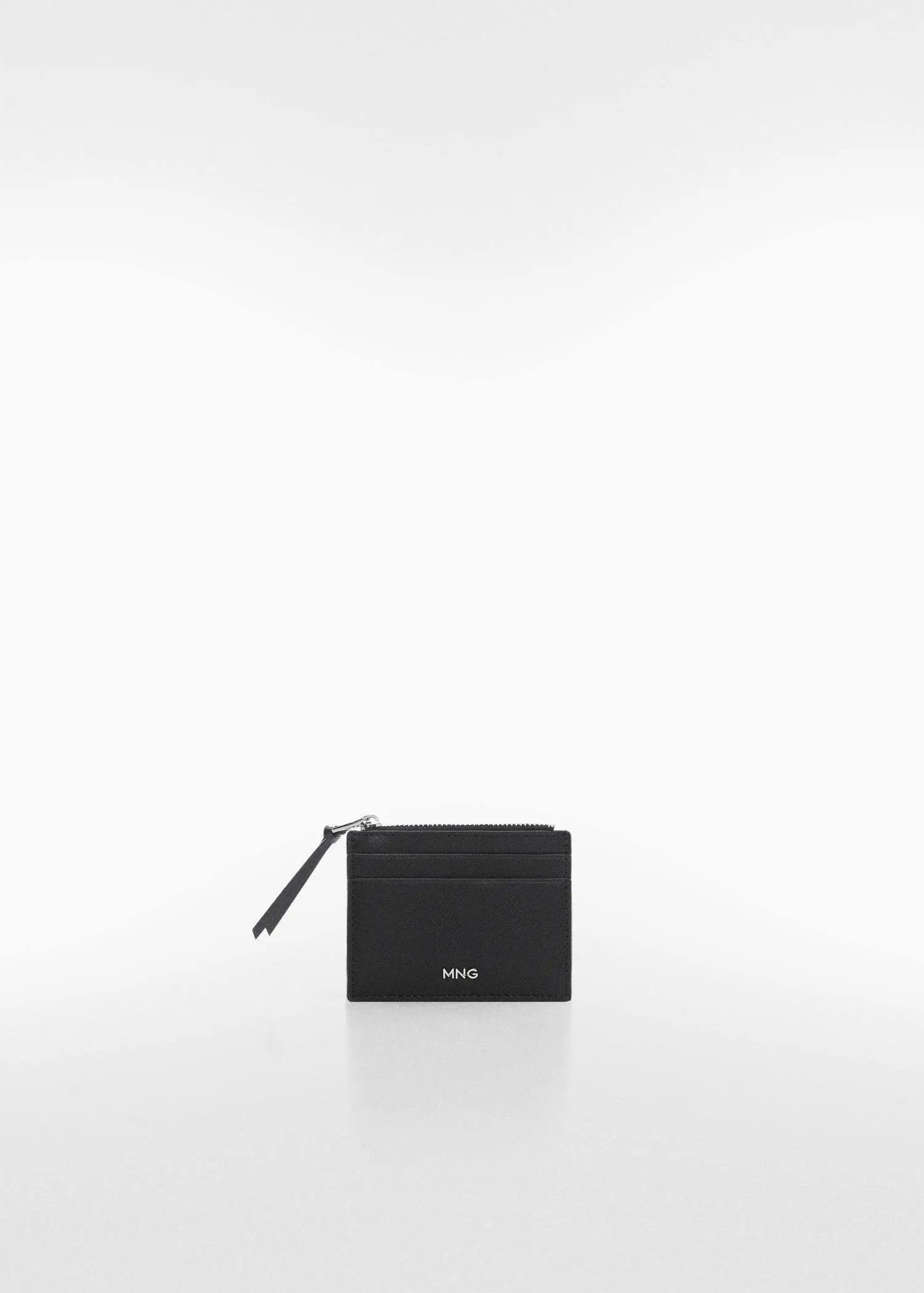 Mango Saffiano-effect cardholder. a black wallet sitting on top of a white table. 