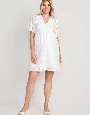 Maternity Puff-Sleeve Cutwork Mini Dress white