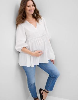 Maternity Poplin Tiered Top white