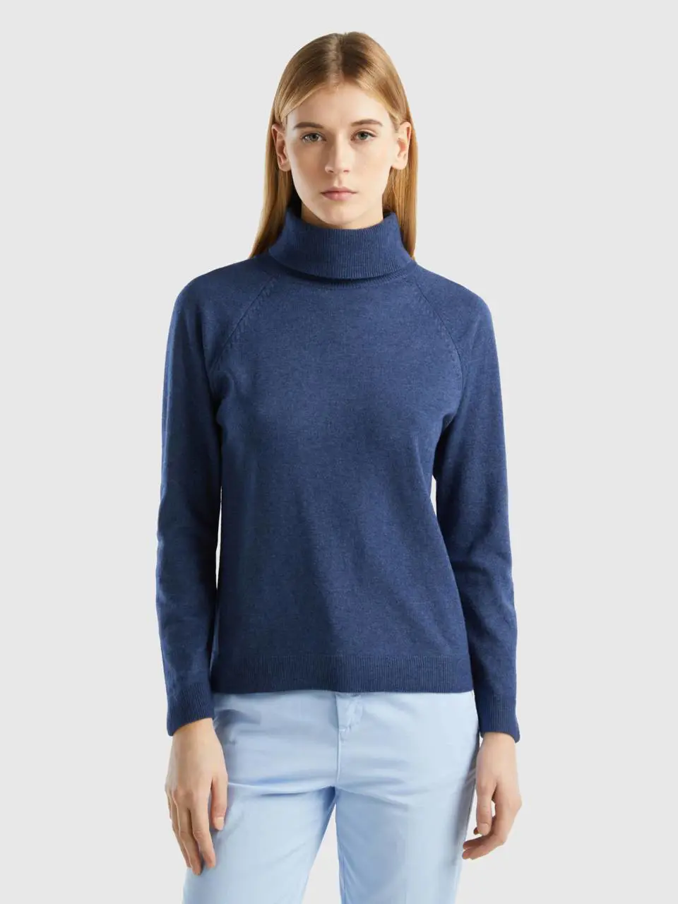 Benetton air force blue turtleneck sweater in cashmere and wool blend. 1