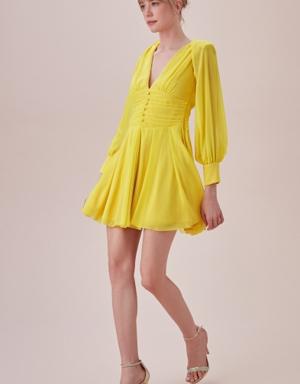 Sarı Uzun Kollu Derin V Yaka Şifon Mini Elbise