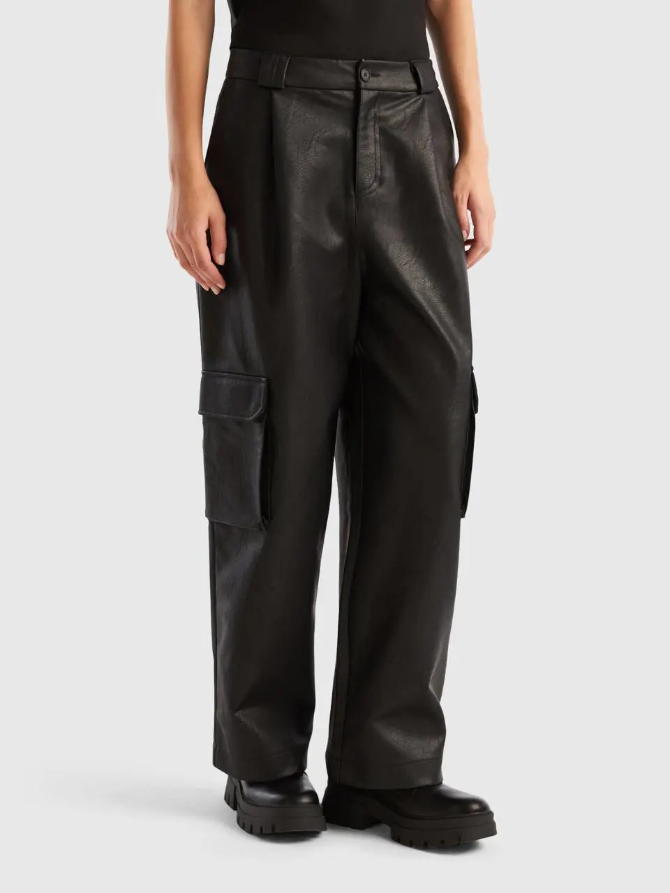 Benetton cargo trousers in imitation leather fabric. 1